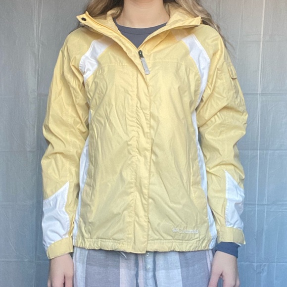 Columbia Omni-Tech Small Waterproof Hooded Yellow & White Zip Up Jacket Coat - Picture 10 of 16